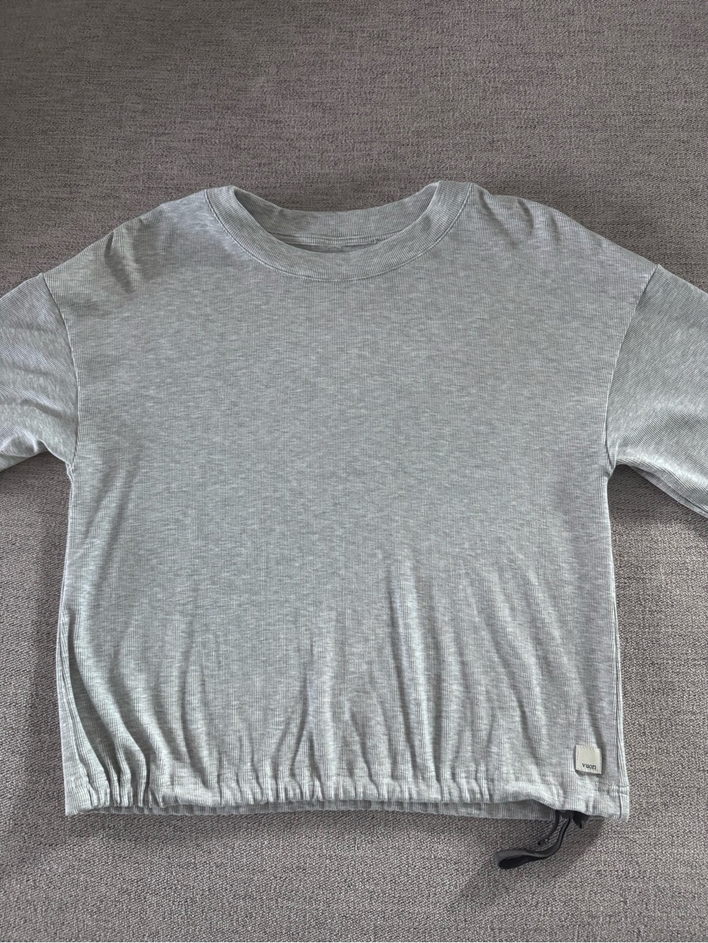 VUORI Light Heather Gray Ribbed Pullover Crew with Drawcord Hem Wide Sleeves